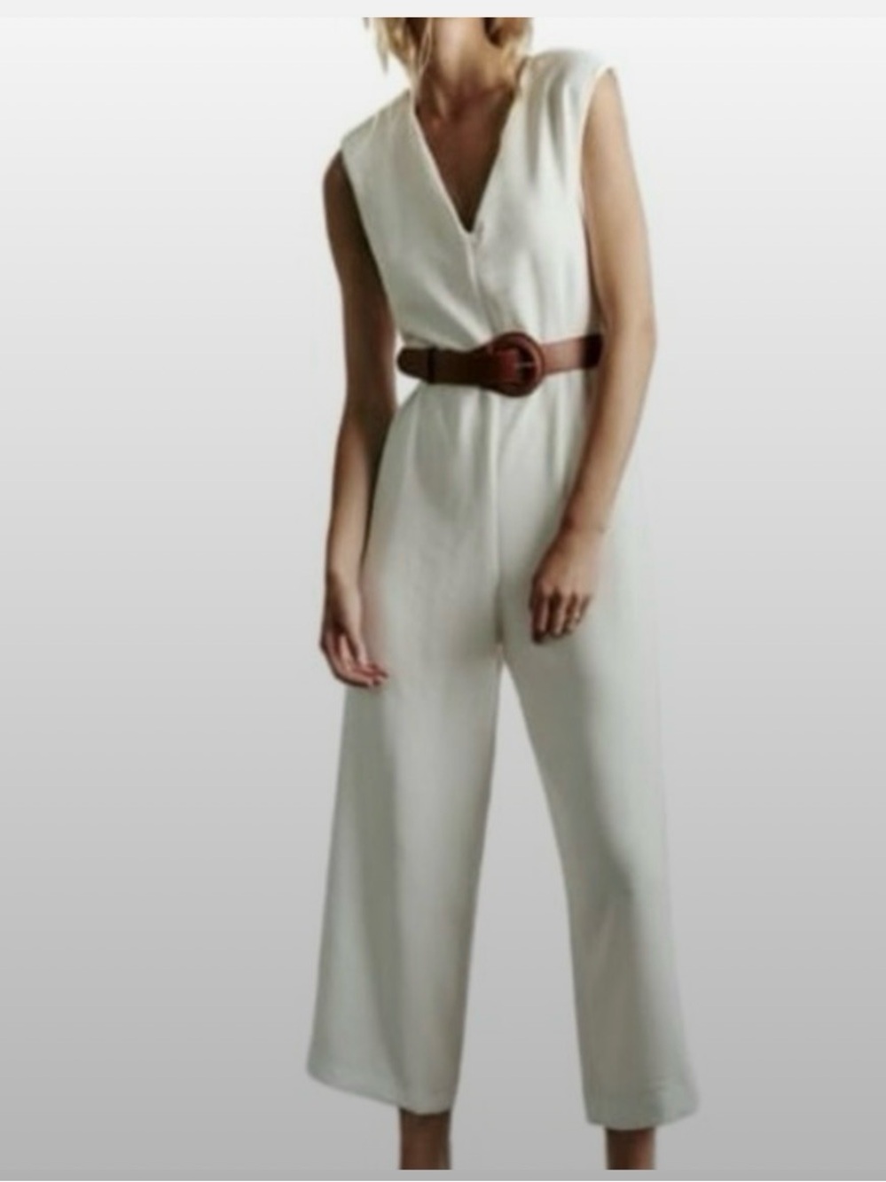 Zara Sleeveless Long Jumpsuit with Brown Belt